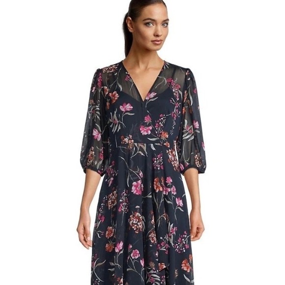 Calvin Klein Dresses & Skirts - Calvin Klein Navy Blue Floral Chiffon High Low Maxi Dress 4 NWT Wedding Guest